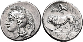 LUCANIA. Velia. Circa 300-280 BC. Didrachm or Nomos (Silver, 22 mm, 7.25 g, 6 h), Philistion Group. Head of Athena to left, wearing crested Attic helm...