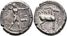 BRUTTIUM. Kaulonia. Circa 475-425 BC. Nomos (Silver, 21 mm, 8.15 g, 6 h). KAVΛ Apollo, nude, advancing to right, with a laurel branch in his upraised ...