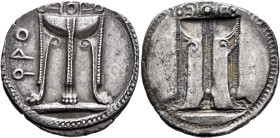 BRUTTIUM. Kroton. Circa 530-500 BC. Stater (Silver, 28 mm, 8.00 g). ϘΡΟ Tripod with legs ending in lion's feet, and with three handles and snakes risi...