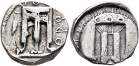 BRUTTIUM. Kroton. Circa 480-430 BC. Stater (Silver, 20 mm, 8.00 g, 12 h). ϘΡΟ Tripod with three handles and the legs ending in lion's paws; to left, c...
