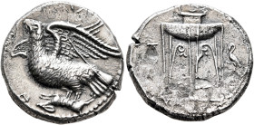 BRUTTIUM. Kroton. Circa 350-300 BC. Nomos (Silver, 22 mm, 7.58 g, 11 h). Eagle with spread wings standing left on hare, its head raised; to lower left...
