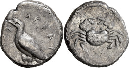 SICILY. Akragas. Circa 510-500 BC. Didrachm (Silver, 8.00 g). ΑΚΡΑC-[ΑΝΤ]ΟΣ Eagle standing left with closed wings. Rev. Crab within shallow circular i...