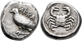 SICILY. Akragas. Circa 495-485 BC. Didrachm (Silver, 18 mm, 8.84 g, 2 h). AKPA Eagle standing left with closed wings. Rev. Crab within shallow circula...