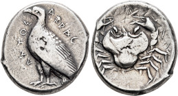 SICILY. Akragas. Circa 465/4-446 BC. Tetradrachm (Silver, 27 mm, 17.45 g, 6 h). AKRAC- ANTOΣ Eagle with closed wings standing left. Rev. Crab within s...
