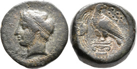 SICILY. Akragas. Circa 415-406 BC. Hemilitron (Bronze, 26 mm, 18.20 g, 5 h). AKPAΓAΣ Diademed and horned head of a river-god to left. Rev. Eagle stand...