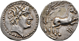 SICILY. Akragas. Punic occupation, 213-211 BC. Half Shekel (Silver, 19 mm, 3.18 g, 11 h). Male head (of Triptolemos?) to right, wearing wreath of grai...