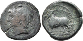 SICILY. Alontion. Circa 210-180. AE (Bronze, 18 mm, 3.42 g, 1 h). Male head to left, wearing Phrygian helmet. Rev. ΑΛΟΝΤΙΝΩΝ Man-headed bull standing ...