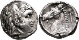SICILY. Entella (?). Punic issues, circa 300-289 BC. Tetradrachm (Silver, 23 mm, 16.37 g, 4 h). Head of Herakles to right, wearing lion skin headdress...