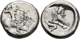 SICILY. Gela. Circa 490/85-480/75 BC. Didrachm (Silver, 8.44 g). Nude bearded warrior riding horse to right, brandishing spear in his right hand and h...