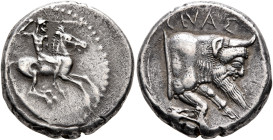 SICILY. Gela. Circa 490/85-480/75 BC. Didrachm (Silver, 20 mm, 8.66 g, 12 h). Nude bearded warrior riding horse to right, brandishing spear in his rig...