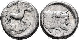 SICILY. Gela. Circa 480/75-475/70 BC. Tetradrachm (Silver, 25 mm, 16.95 g, 3 h). Charioteer driving quadriga moving slowly to the right; above, Nike f...