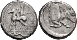 SICILY. Gela. Circa 465-450 BC. Tetradrachm (Silver, 16.94 g). Charioteer, holding kentron in his right hand and reins in his left, driving slow quadr...