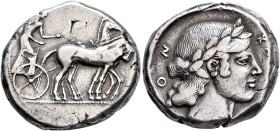 SICILY. Katane. Circa 450-445 BC. Tetradrachm (Silver, 25 mm, 17.33 g, 9 h). Charioteer driving quadriga walking to right, holding kentron in his left...
