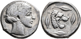 SICILY. Leontini. Circa 450-440 BC. Tetradrachm (Silver, 26 mm, 17.09 g, 11 h). Laureate head of Apollo to right. Rev. ΛEONTIN-ON Head of a lion with ...