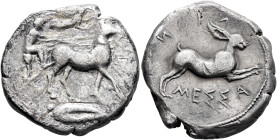SICILY. Messana. 438-434 BC. Tetradrachm (Silver, 26 mm, 16.79 g, 4 h). Charioteer, holding kentron in his right hand and reins in his left, driving b...