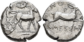 SICILY. Messana. 433-429 BC. Tetradrachm (Silver, 17.14 g). Charioteer, holding reins with both hands, driving biga of mules to right; above, Nike fly...