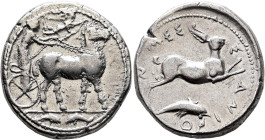 SICILY. Messana. 425-421 BC. Tetradrachm (Silver, 24 mm, 17.18 g, 12 h). Charioteer, holding kentron in his right hand and reins in his left, driving ...