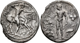 SICILY. Selinos. Circa 455-440 BC. Didrachm (Silver, 22 mm, 8.06 g, 6 h). ΣEΛINONTIOΣ Herakles standing right, holding club overhead in his right hand...
