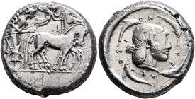 SICILY. Syracuse. Deinomenid Tyranny, 485-466 BC. Tetradrachm (Silver, 24 mm, 16.89 g, 8 h), circa 480-475. Charioteer driving quadriga walking to rig...