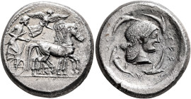 SICILY. Syracuse. Deinomenid Tyranny, 485-466 BC. Tetradrachm (Silver, 26 mm, 17.06 g, 7 h), circa 478-475. Charioteer driving quadriga walking to rig...