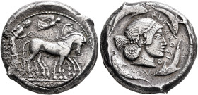 SICILY. Syracuse. Deinomenid Tyranny, 485-466 BC. Tetradrachm (Silver, 24 mm, 17.19 g, 12 h), circa 480-475. Charioteer, holding kentron in his right ...