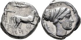 SICILY. Syracuse. Second Democracy, 466-405 BC. Tetradrachm (Silver, 25 mm, 17.21 g, 10 h), circa 430-420. Charioteer driving quadriga walking to righ...