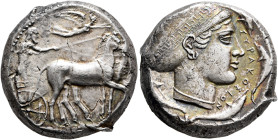 SICILY. Syracuse. Second Democracy, 466-405 BC. Tetradrachm (Silver, 22 mm, 17.25 g, 3 h), circa 430-420. Charioteer driving quadriga walking to right...