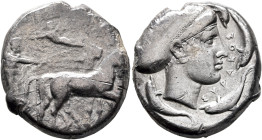 SICILY. Syracuse. Second Democracy, 466-405 BC. Tetradrachm (Silver, 25 mm, 16.65 g, 12 h), circa 425-420. Charioteer driving quadriga walking to righ...