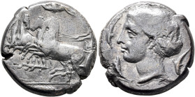 SICILY. Syracuse. Second Democracy, 466-405 BC. Tetradrachm (Silver, 25 mm, 16.87 g, 12 h), reverse die in the style of Parmenides, circa 415-405. Cha...
