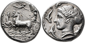 SICILY. Syracuse. Dionysios I, 405-367 BC. Tetradrachm (Silver, 25 mm, 17.40 g, 10 h), in the style of Eukleidas, circa 400/395-390. Charioteer drivin...