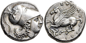 SICILY. Syracuse. Agathokles, 317-289 BC. Stater (Silver, 20 mm, 8.46 g, 9 h), circa 317-305. Head of Athena to right, wearing Corinthian helmet decor...