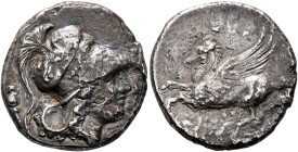 SICILY. Syracuse. Agathokles, 317-289 BC. Stater (Silver, 22 mm, 7.75 g, 6 h), circa 317-310. ΣYP[AKOΣIΩN] Pegasos flying to left. Rev. Head of Athena...