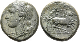 SICILY. Syracuse. Hiketas II, 287-278 BC. AE (Bronze, 22 mm, 9.92 g, 1 h). [ΣΥΡΑΚΟΣΙΩΝ] Head of Kore to left, wearing wreath of grain ears; behind, gr...