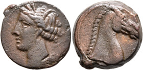 CARTHAGE. Circa 300-264 BC. AE (Bronze, 19 mm, 5.33 g, 7 h), Sardinian mint (?). Head of Tanit to left, wearing wreath of grain ears, triple-pendant e...