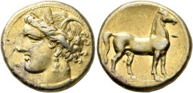 CARTHAGE. Circa 290-270 BC. Stater (Electrum, 19 mm, 7.41 g, 12 h). Head of Tanit to left, wearing wreath of grain ears, triple-pendant earring and el...