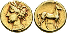 CARTHAGE. Circa 290-270 BC. Stater (Electrum, 19 mm, 8.00 g, 12 h). Head of Tanit to left, wearing wreath of grain ears, triple-pendant earring and el...