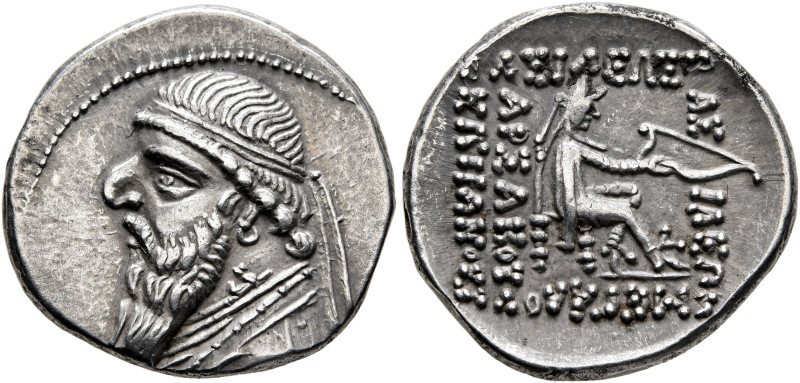 KINGS OF PARTHIA. Mithradates II, 121-91 BC. Drachm (Silver, 20 mm, 4.15 g, 1 h)...