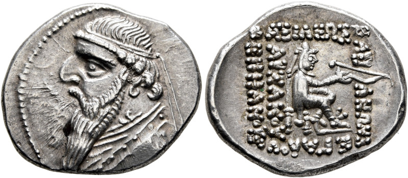 KINGS OF PARTHIA. Mithradates II, 121-91 BC. Drachm (Silver, 20 mm, 4.23 g, 1 h)...