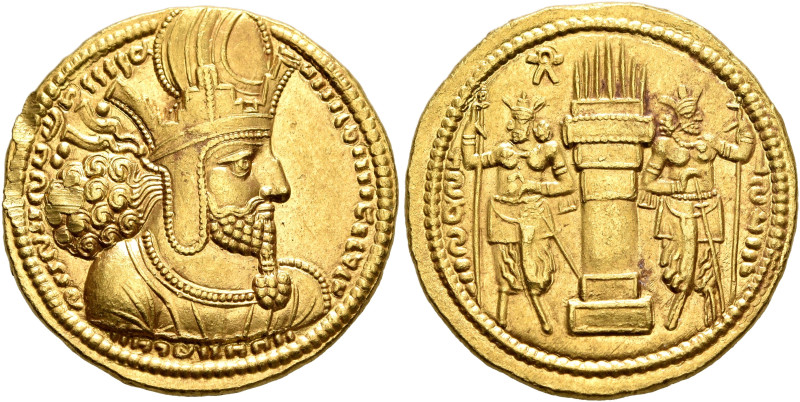 SASANIAN KINGS. Shapur I, 240-272. Dinar (Gold, 21 mm, 7.43 g, 3 h). Diademed an...