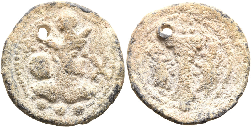 SASANIAN KINGS. Shapur II, 309-379. Pashiz (Lead, 19 mm, 4.89 g, 9 h). Draped bu...