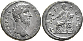 LYDIA. Tabala. Marcus Aurelius & Lucius Verus, 161-169. Tetrassarion (Bronze, 23 mm, 7.56 g, 6 h). ΑΥΤ ΚΑ Λ ΑΥΡ ΟΥΗΡΟC CЄΒΑ Laureate head of Lucius Ve...