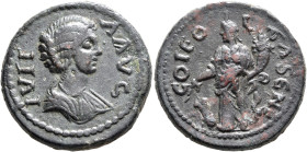 PISIDIA. Olbasa. Julia Domna, Augusta, 193-217. Tetrassarion (Bronze, 26 mm, 12.28 g, 7 h). IVLIA AVS (sic!) Draped bust of Julia Domna to right. Rev....