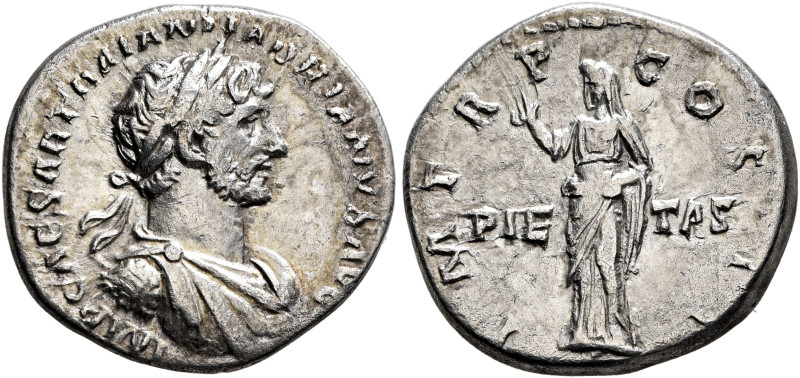 Hadrian, 117-138. Denarius (Silver, 18 mm, 3.52 g, 6 h), Rome, 118. IMP CAESAR T...