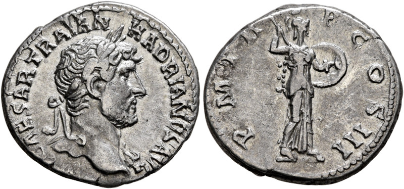 Hadrian, 117-138. Denarius (Silver, 18 mm, 3.33 g, 6 h), Rome, late 121-123. IMP...