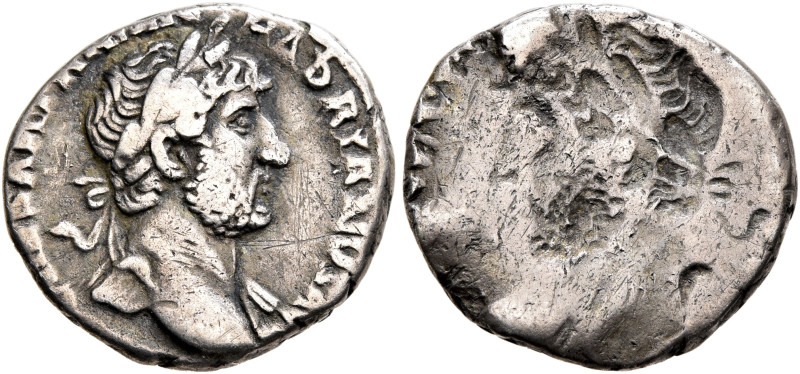 Hadrian, 117-138. Denarius (Silver, 16 mm, 2.85 g, 12 h), brockage mint error, R...