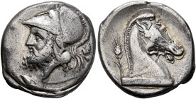 Anonymous, circa 310-300 BC. Didrachm (Silver, 21 mm, 7.16 g, 12 h), Neapolis (?). Bearded head of Mars to left, wearing crested Corinthian helmet; to...