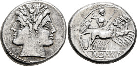 Anonymous, circa 225-214 BC. Quadrigatus - Didrachm (Silver, 20 mm, 6.46 g, 7 h), uncertain mint. Laureate head of Janus. Rev. ROMA (on raised tablet)...
