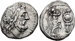 Anonymous, After 218 BC. Victoriatus (Silver, 2.66 g), Rome. Laureate head of Jupiter to right. Rev. ROMA Victory standing front, head to right, placi...
