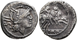 Anonymous, 214-212 BC. Sestertius (Silver, 12 mm, 1.00 g, 12 h), Rome. Head of Roma to right, wearing winged helmet; behind, IIS. Rev. ROMA The Dioscu...