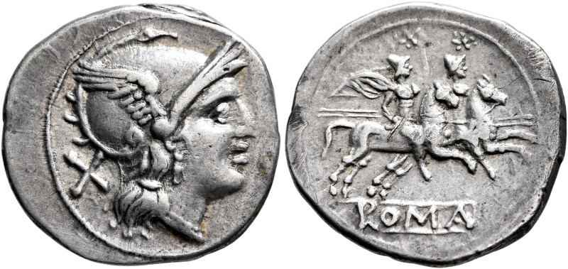 Anonymous, circa 211-208 BC. Denarius (Silver, 21 mm, 3.48 g, 6 h), Rome. Head o...
